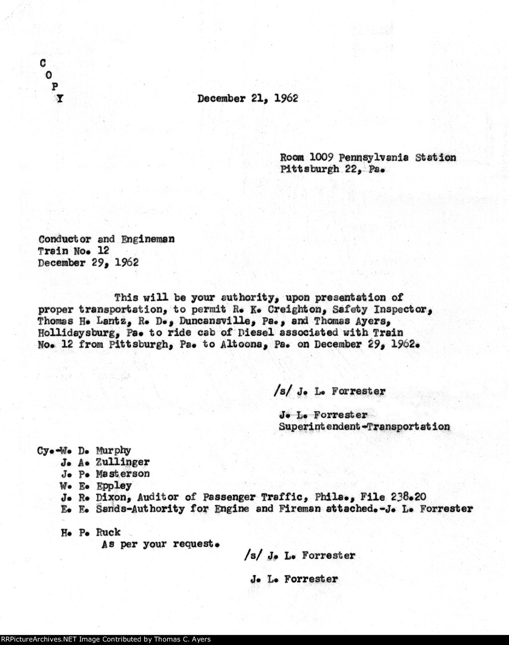 PRR Cab Ride, Authorization Order, 1962